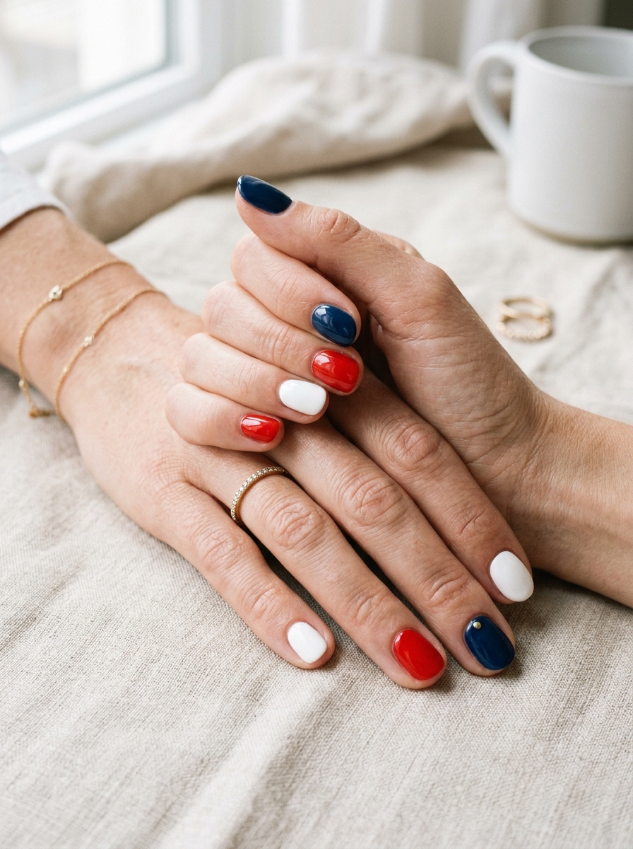 Short Red White Blue Nails